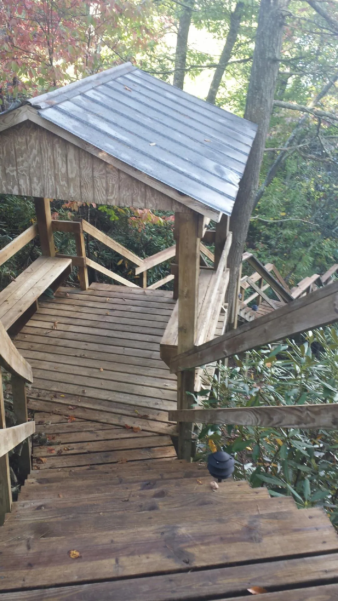 Metal roofed shelter over wooden steps on a wooded walkway — Skylight Repair & Installation work by our crew in Taunton